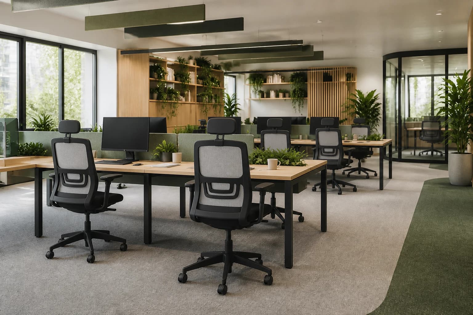 Open office arranged with ergonomic chairs, desks and storage