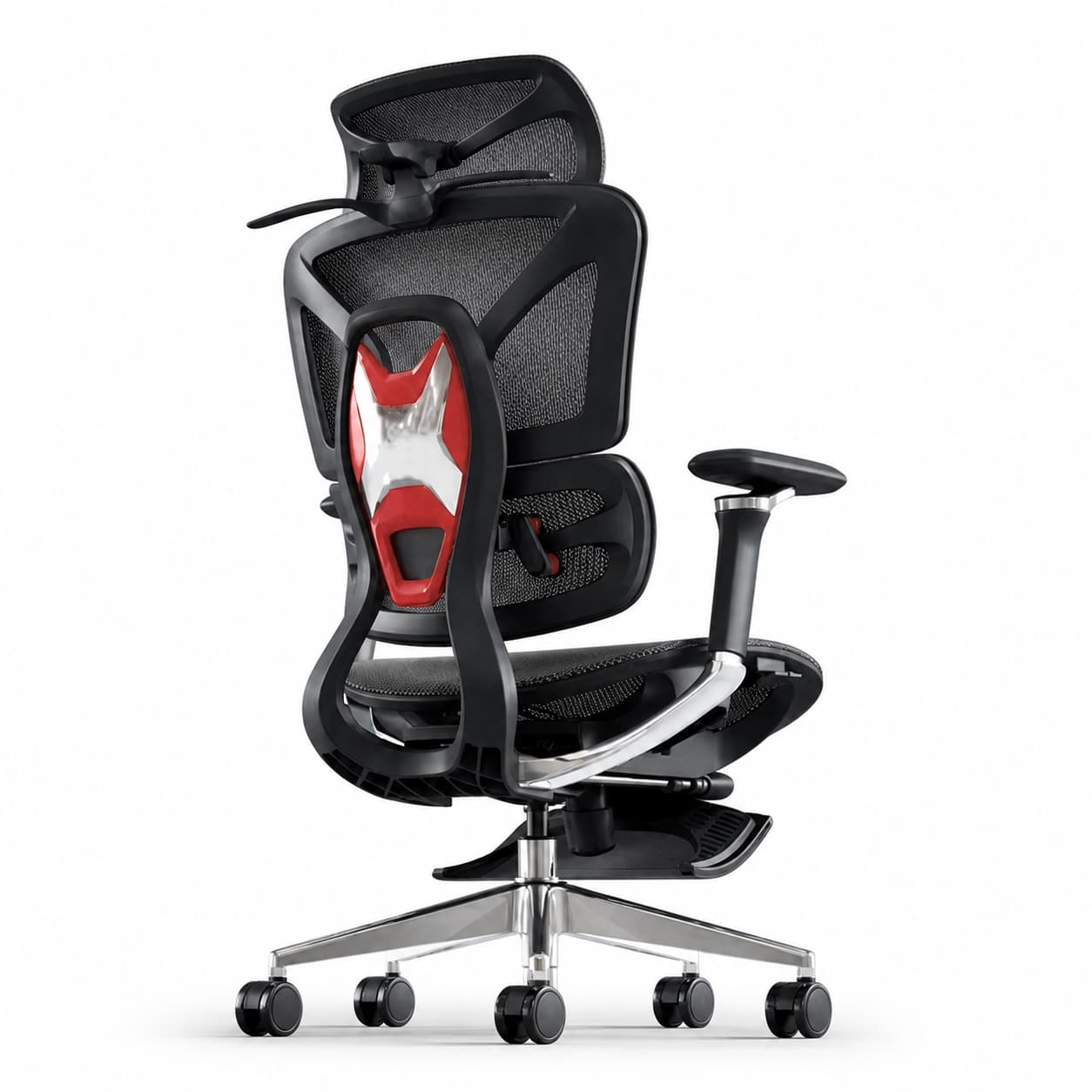 Ergonomic Mesh Office Chair with Footrest, Black with red lumbar accent