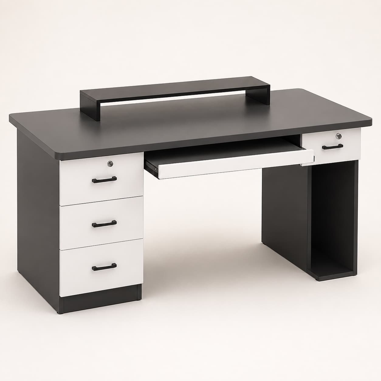 Locking Storage Office Desk, Black desktop with white storage pedestals